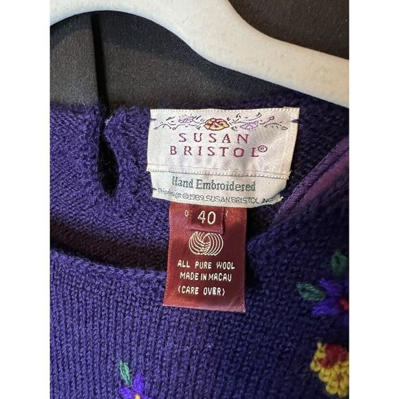 Vintage Susan Bristol Wool Sweater Sz 40 Hand Embroidered Purple Floral Pullover - Picture 2 of 10